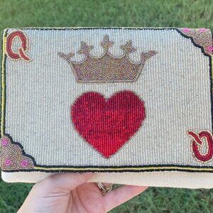 QUEEN OF HEARTS Casino Poker Seed Beaded Crossbody Chain Clutch Bag Handbag NEW